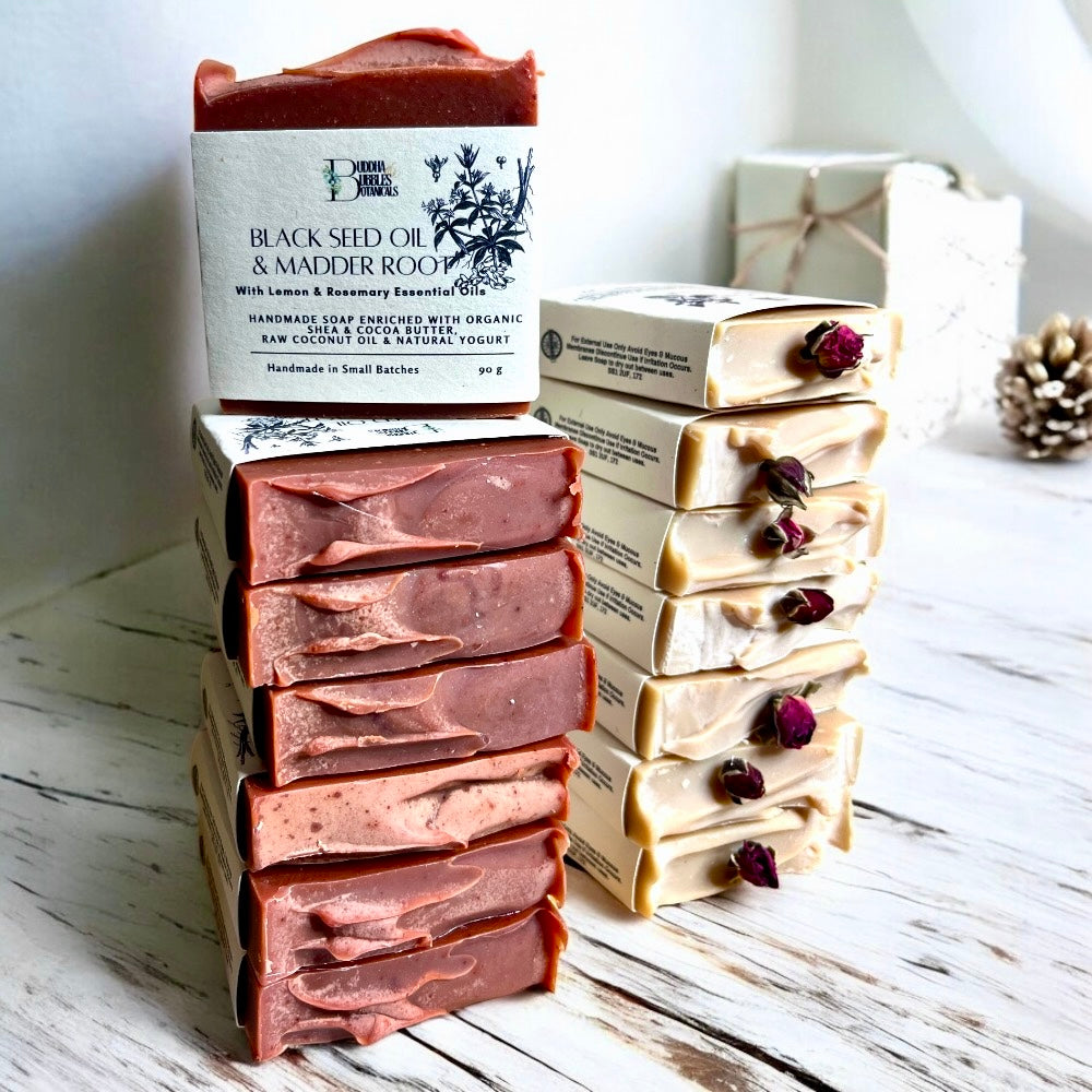 Natural Soap UK with Black Seed Oil, Madder Root, Organic, Shea Butter, Coconut Oil, Yogurt, Lemon, Rosemary essential oils