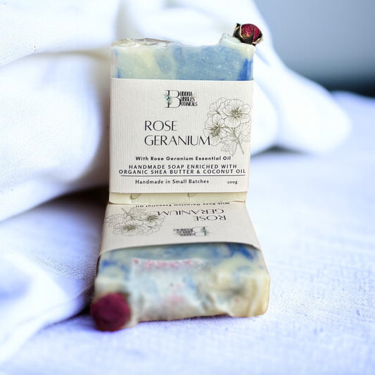 Soap bar with rose geranium essential oil enriched with Shea Butter