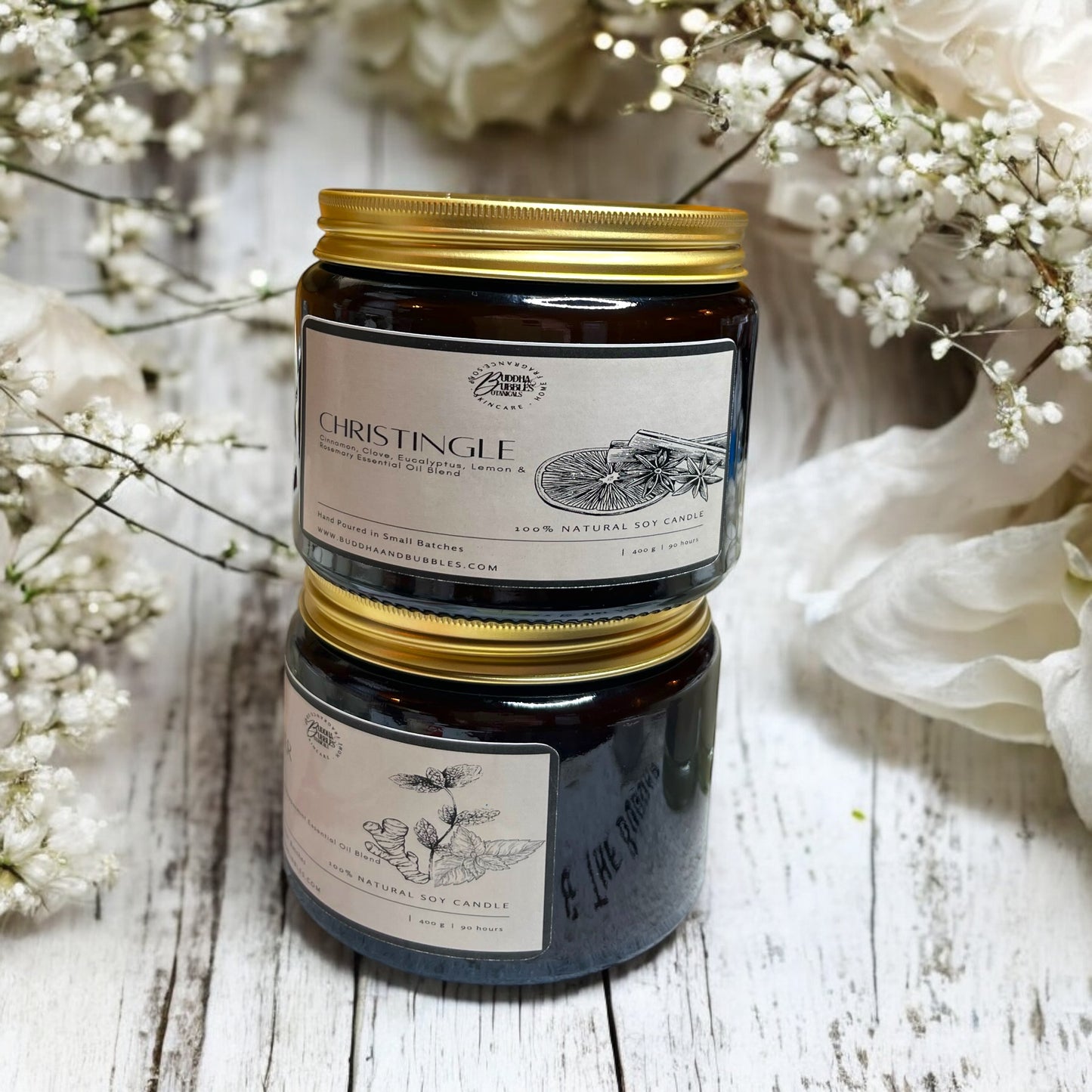 Luxury Xmas candle with essential oils in large amber glass jar