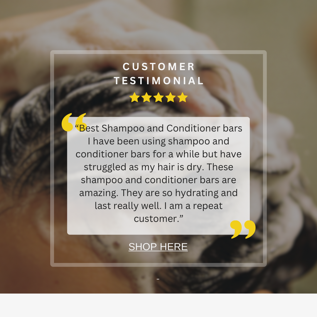 Customer testimonial for shampoo and conditioner bars with a blurred background of hair care products.