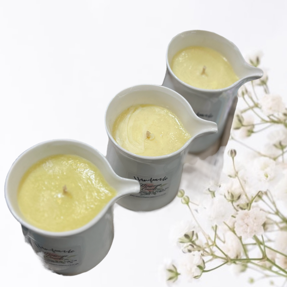 white ceramic massage candle with organic hemp seed oil and essential oils buddha and bubbles