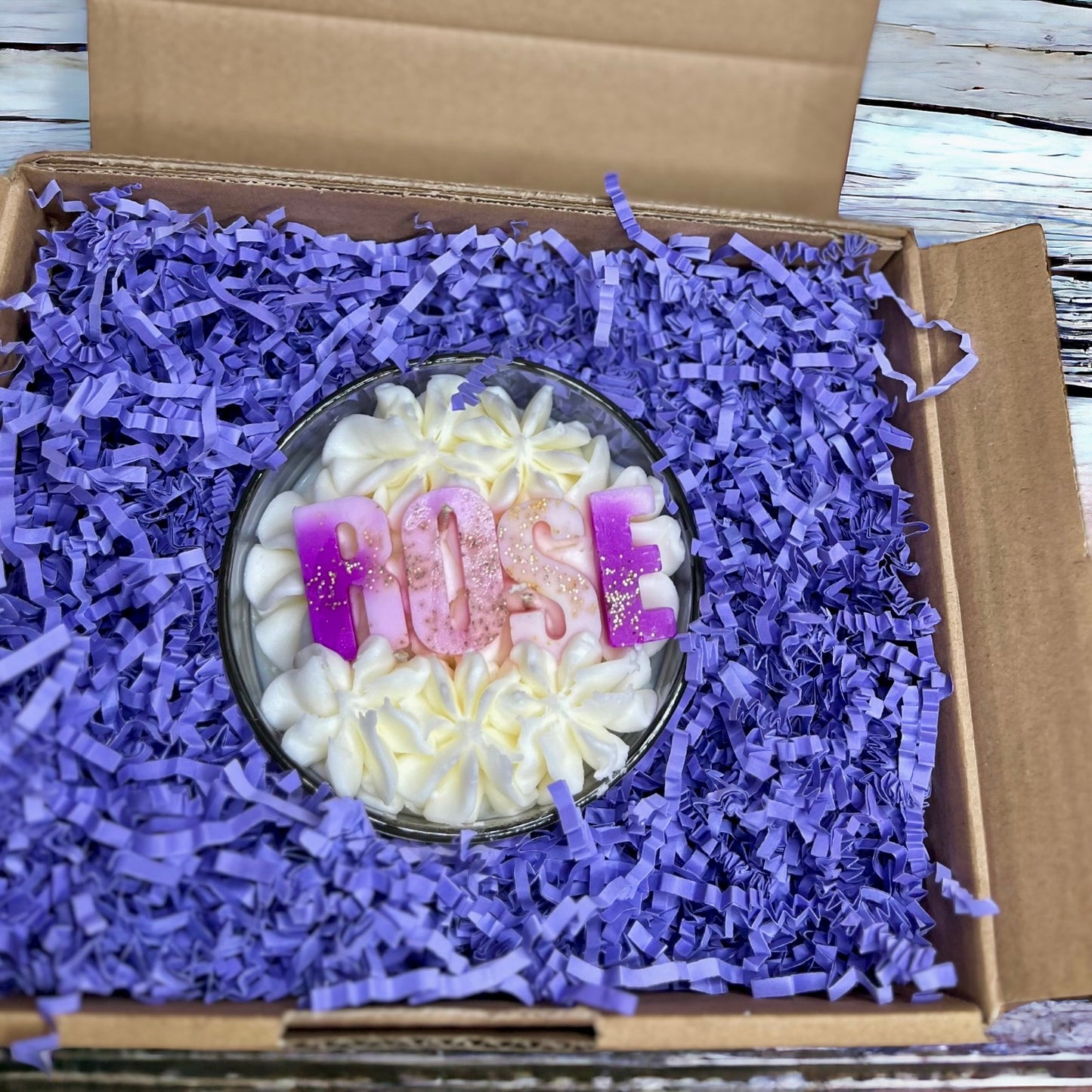 customised Luxury triple-wick candle featuring hand-piped whipped wax with choice of wax melt embeds in a box