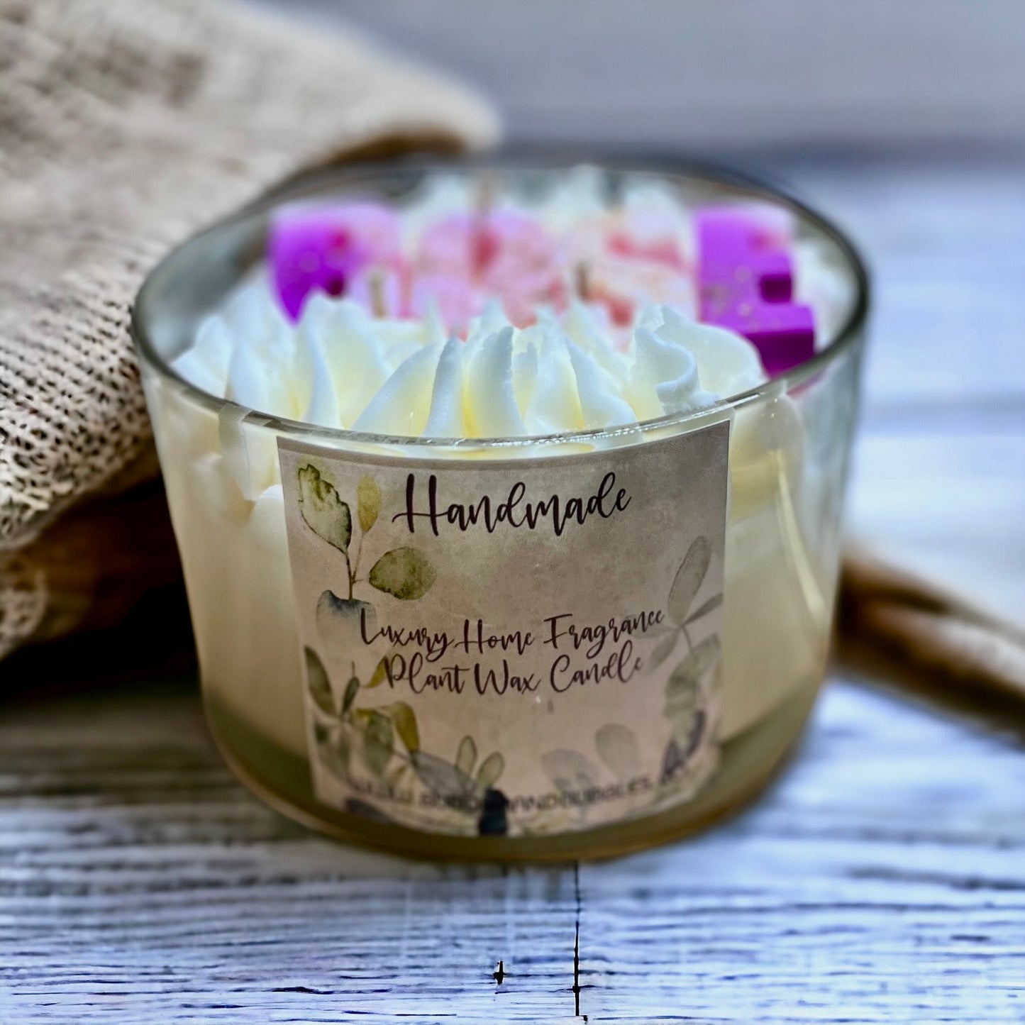 customised Luxury triple-wick candle featuring hand-piped whipped wax with choice of wax melt embeds