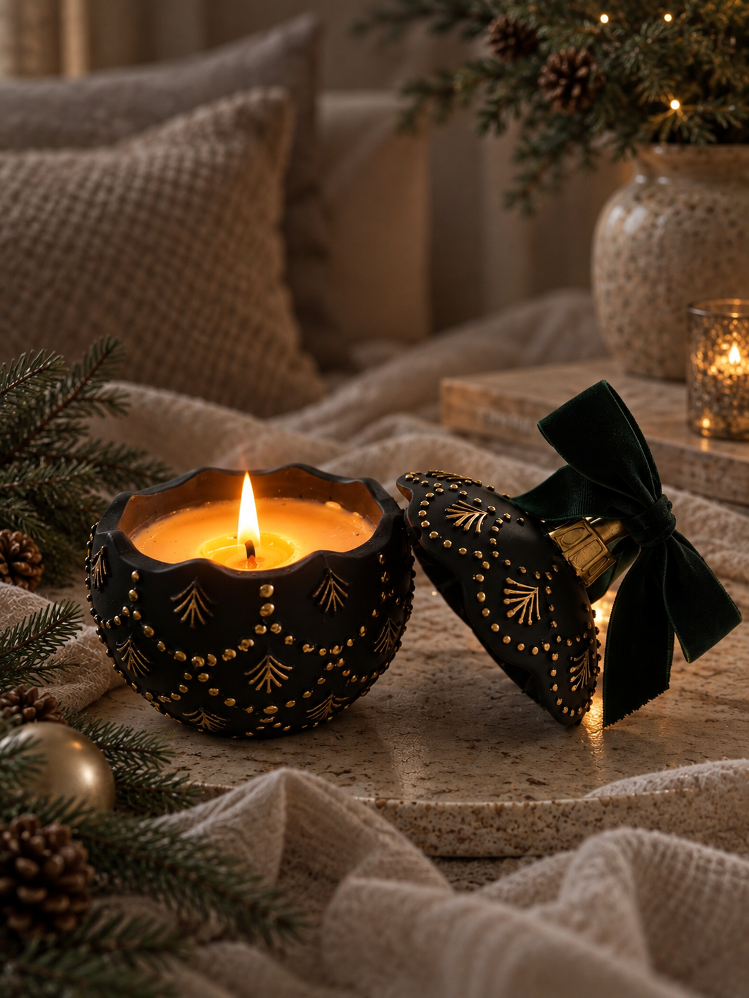 handmade black eco resin christmas bauble candle gold geometric patterns and a matching lid tied with a dark green bow, styled on a stone surface with pine branches, fabric, and warm ambient lighting.