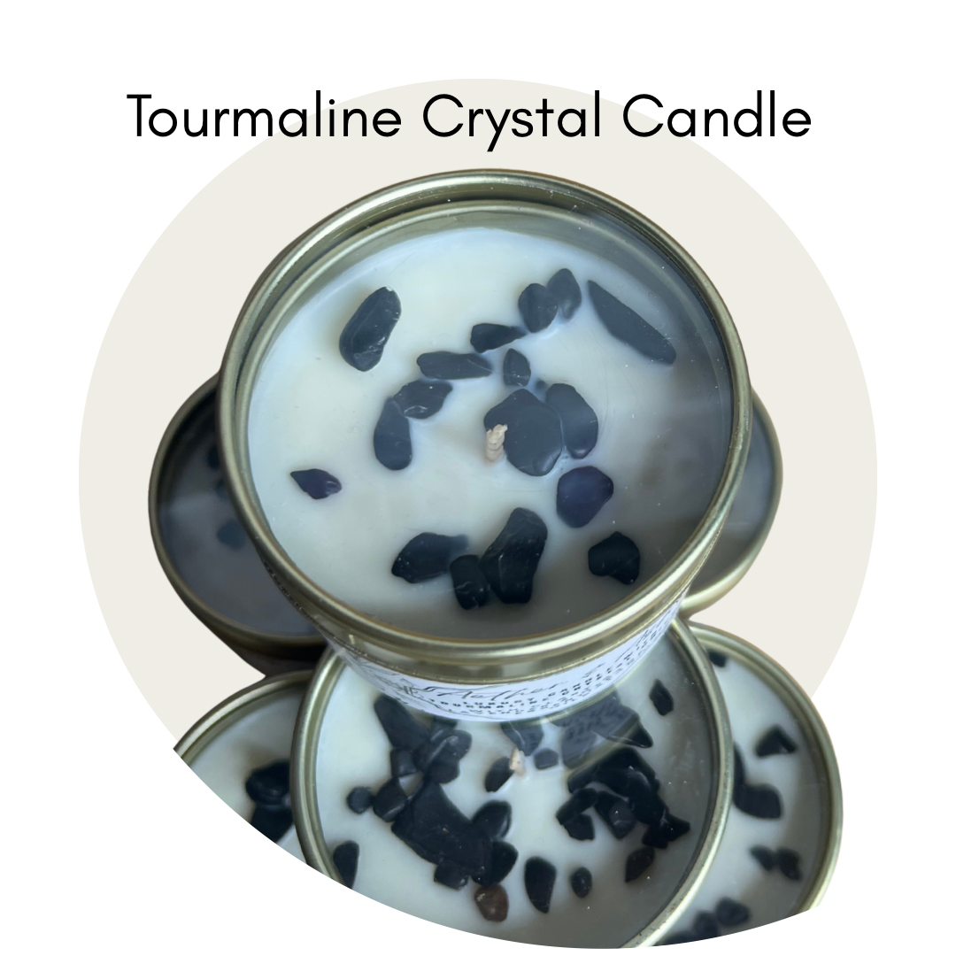 tourmaline crystal chips in gold container imbued with Rahanni and intention