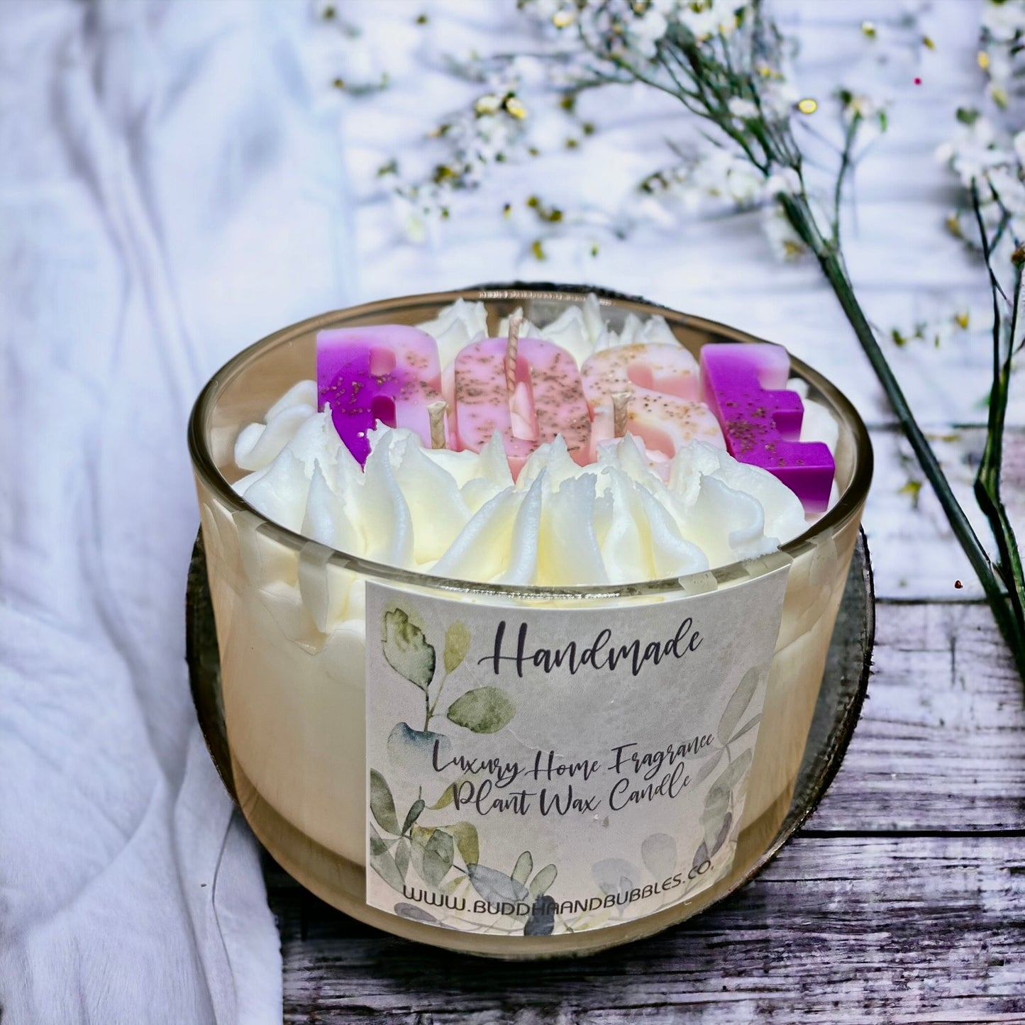 customised Luxury triple-wick candle featuring hand-piped whipped wax with choice of wax melt embeds