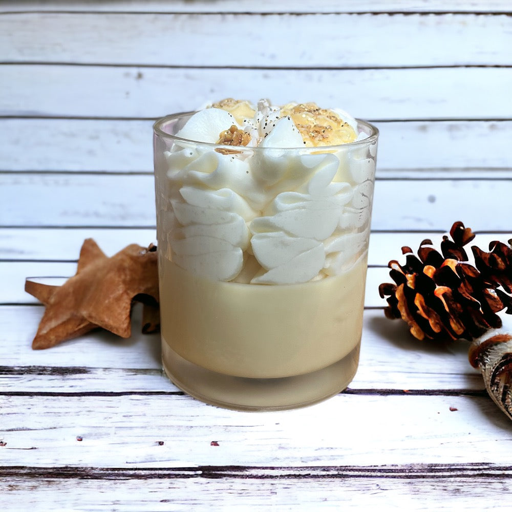 autumn xmas candle vanilla latte on wooden table by buddha and bubbles botanicals