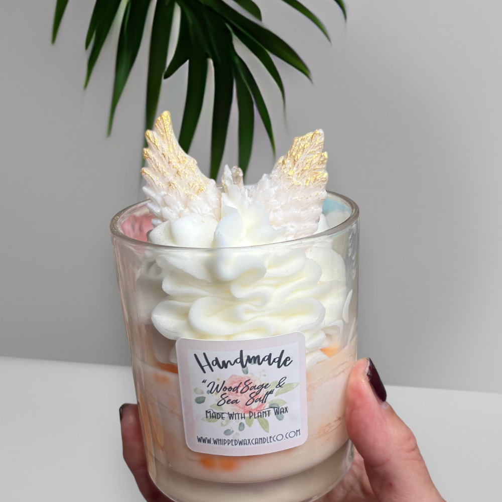 Bespoke Handmade Luxury Whipped Wax Candle with choice of parfum with angel wings