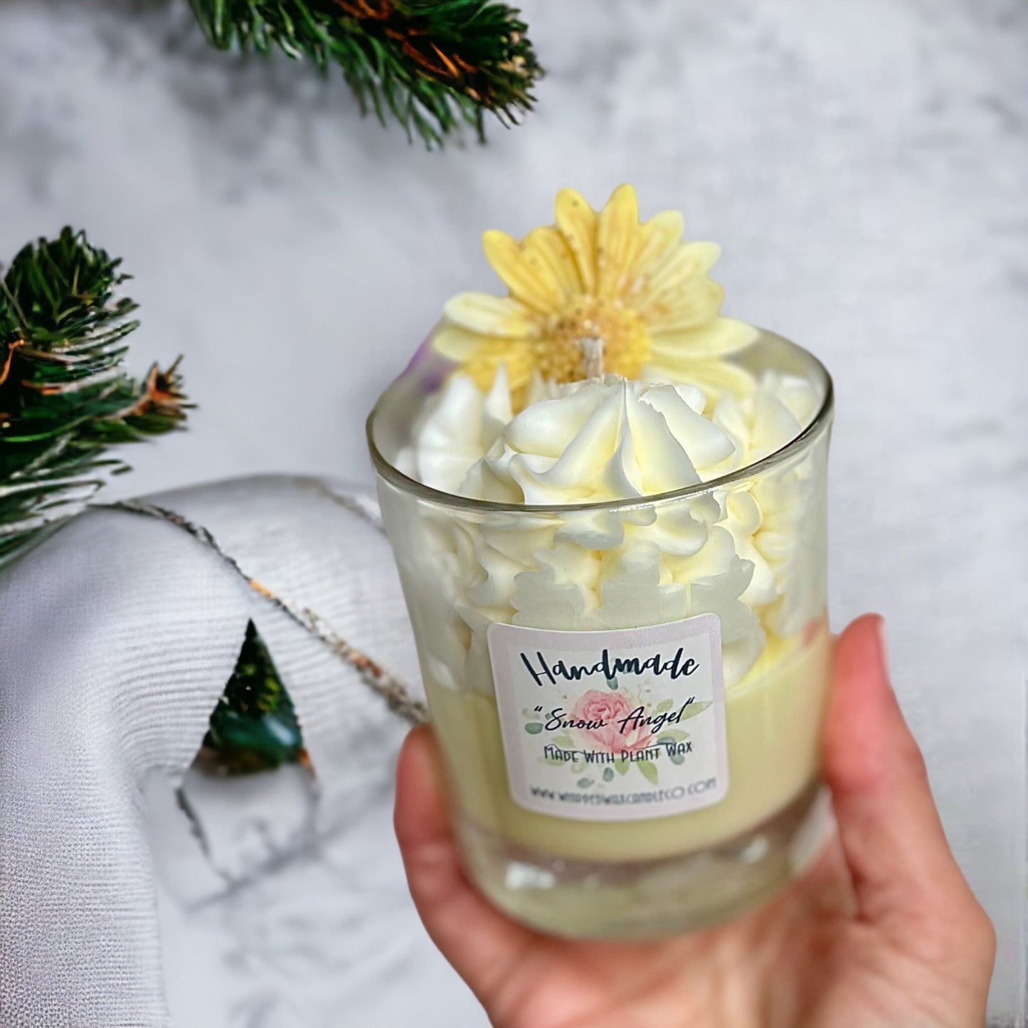 handmade whipped wax dessert csndle with Snow Angel and Daisy