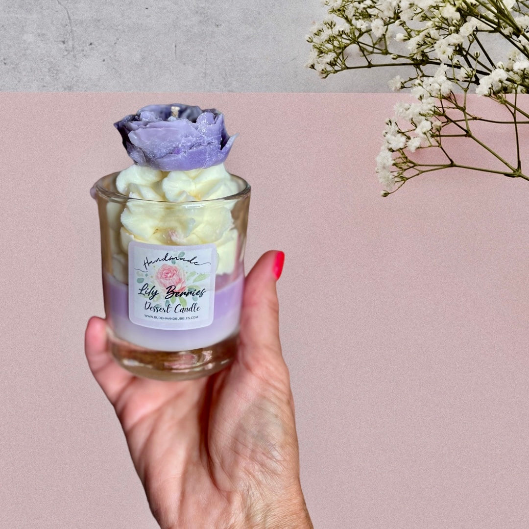 luxury whipped wax dessert candle with lavender and chamomile with carnation buddha and bubbles