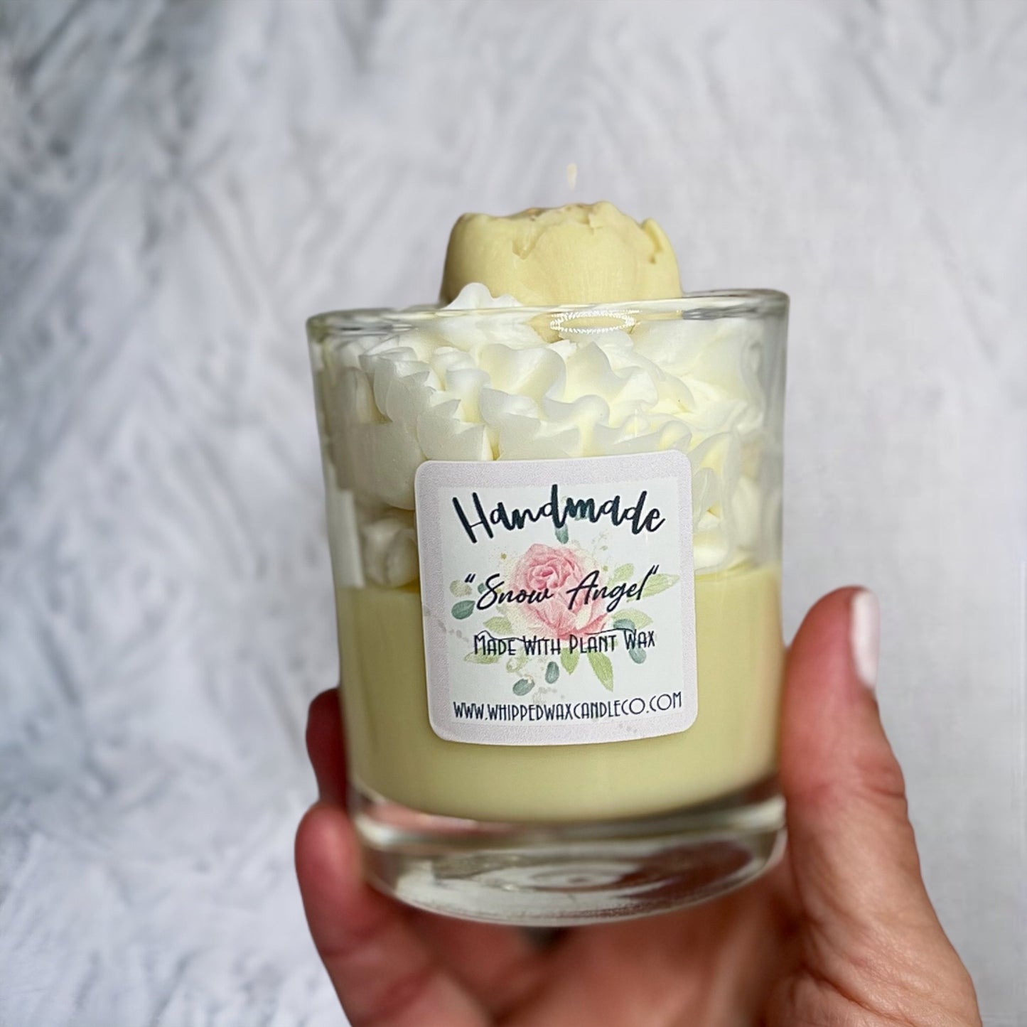 handmade whipped wax dessert candle with Snow Angel and Peony