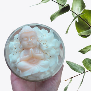 Open image in slideshow, smoky oak handmade luxury whipped wax dessert candle buddha and bubbles 
