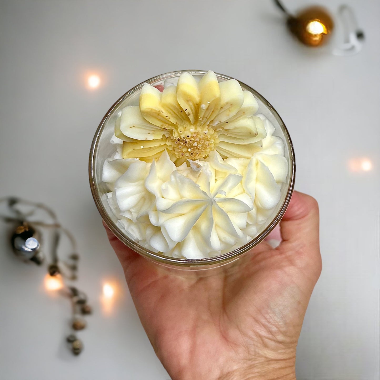 handmade whipped wax dessert csndle with Snow Angel and Daisy