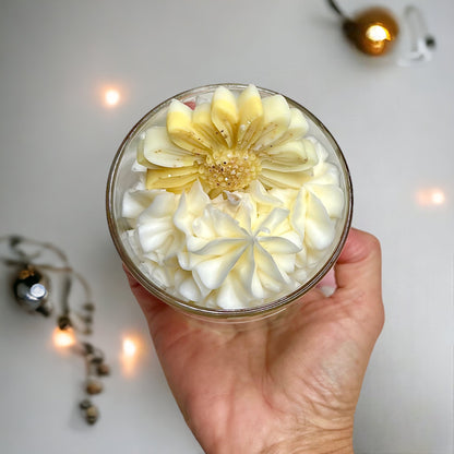 handmade whipped wax dessert csndle with Snow Angel and Daisy