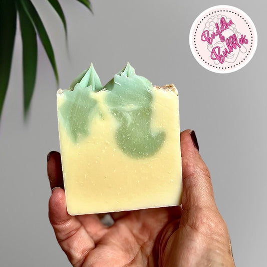 handmade hemp seed oil soap with basil, cedarwood, lemongrass buddha and bubbles  large bar 