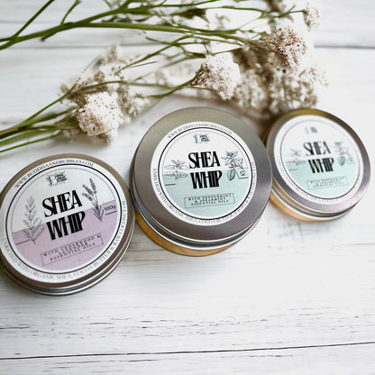 featuring three handmade shea whips in aluminium tins essential oils on a white background made by buddha and bubbles botanicals