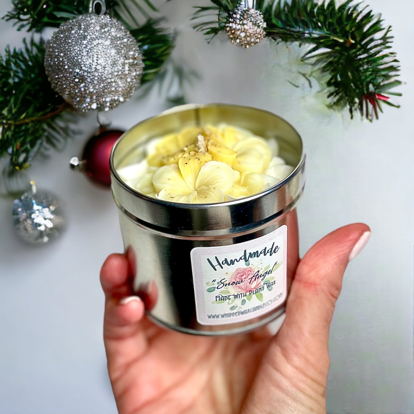 handmade whipped wax dessert candle with Snow Angel with Flower