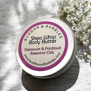 handmade shea whip with geranium and patchouli essential oils