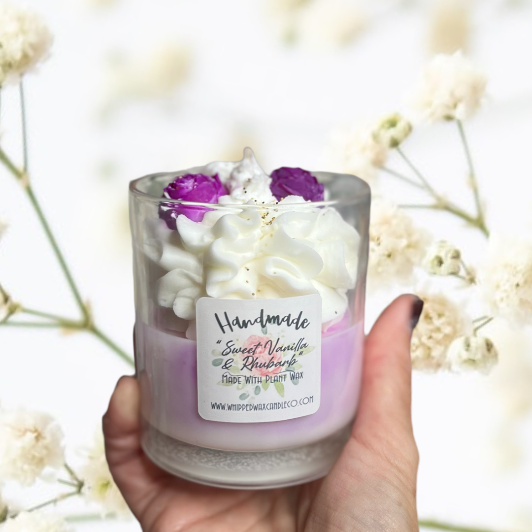 Lily Berries handmade luxury whipped wax dessert candle with vanilla and rhubarb lsmall rose bud 