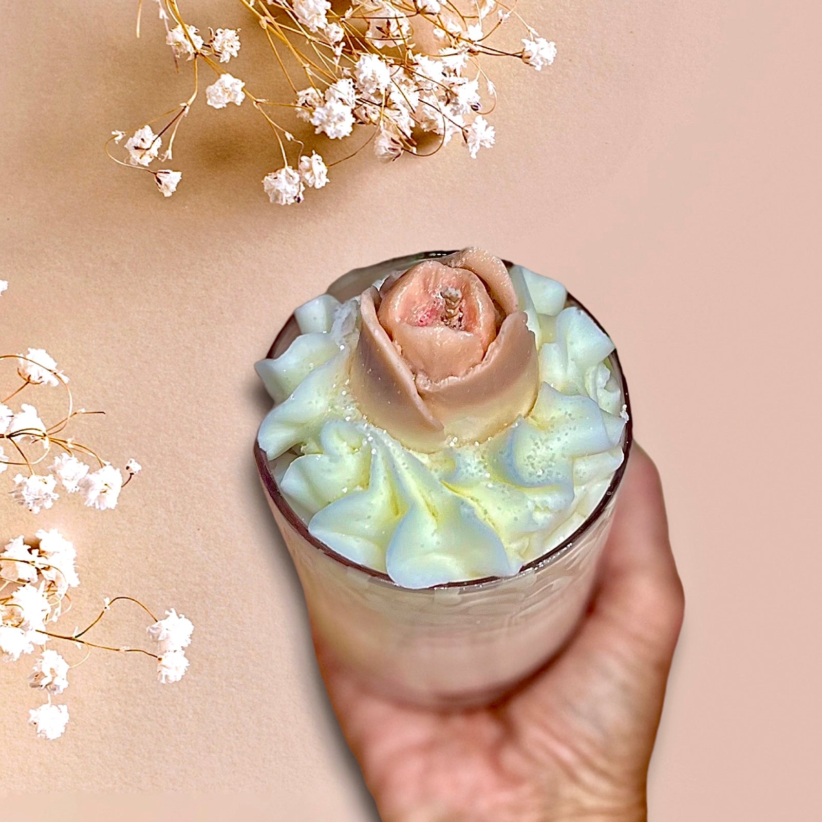 featuring a Lily Berries handmade luxury whipped wax dessert candle with rose bud 