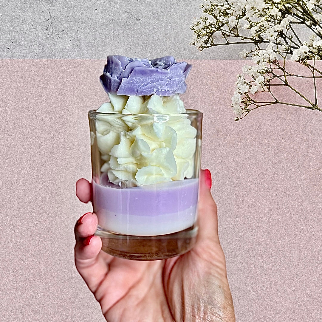 luxury whipped wax dessert candle with lavender and chamomile with rose bud buddha and bubbles