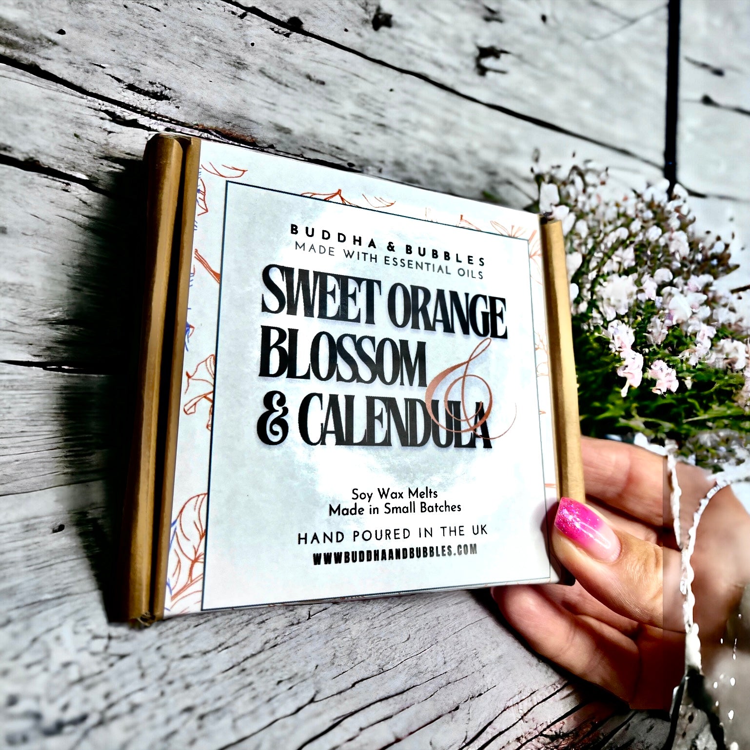 wax melts with sweet orange blossom essential oil and calendula petals