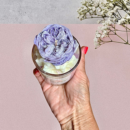 luxury whipped wax dessert candle with lavender and chamomile with rose bud buddha and bubbles