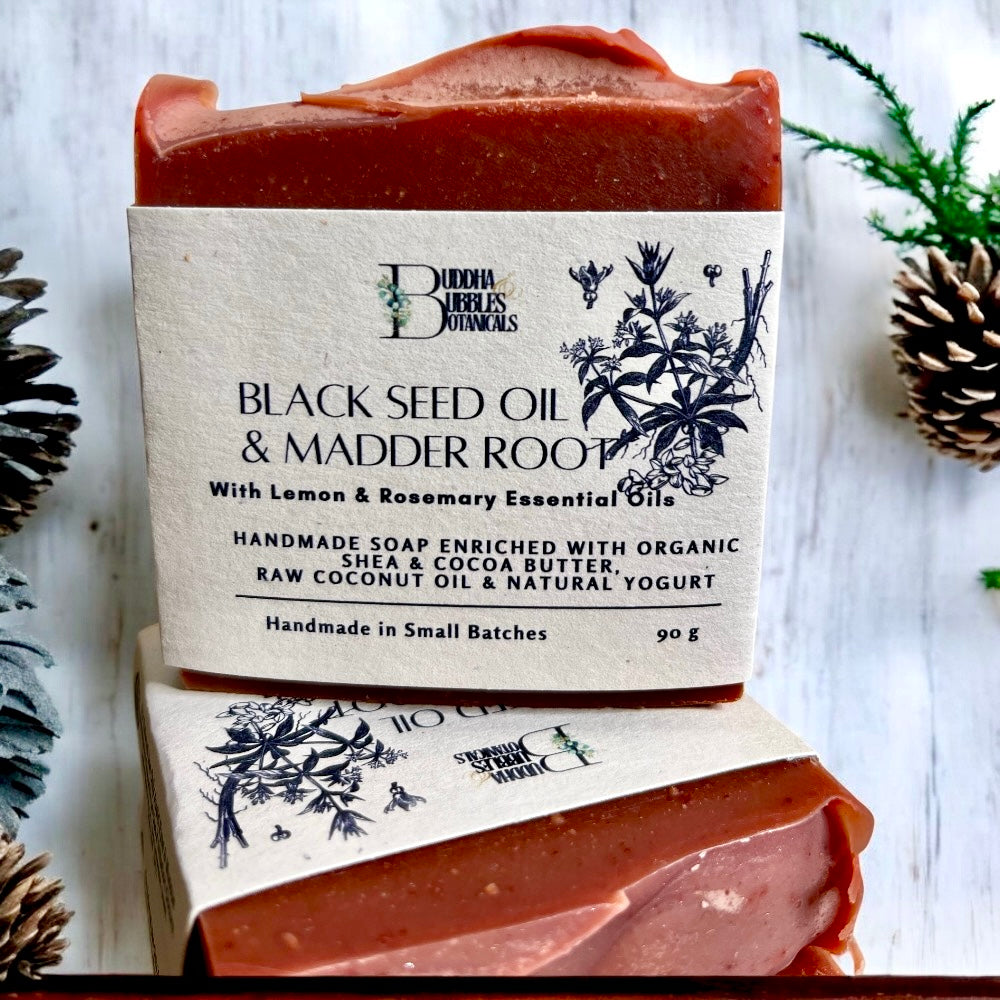 Natural Soap UK with Black Seed Oil, Madder Root, Organic, Shea Butter, Coconut Oil, Yogurt, Lemon, Rosemary essential oils 