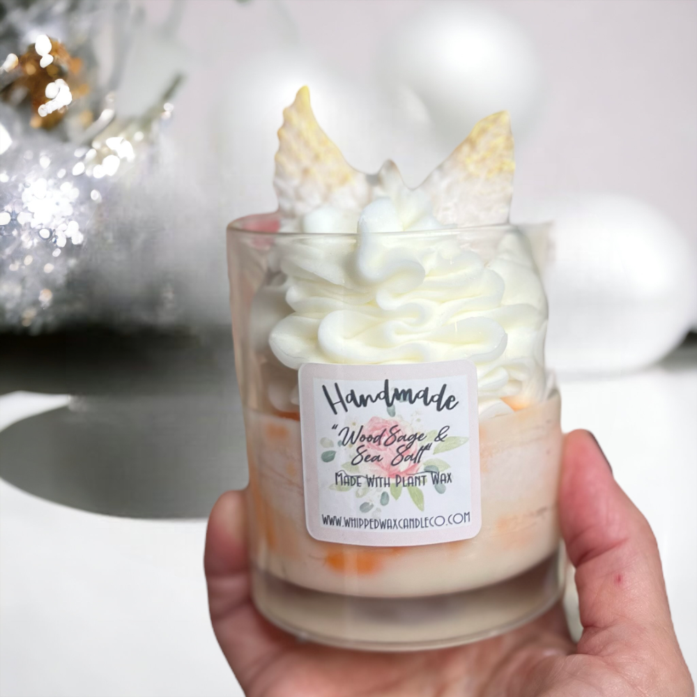 Luxury Whipped Wax Dessert Candle Wood Sage & Sea Salt And angel wings wax melt embed