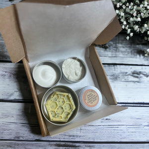 Skincare discovery box including soap, deodorant balm and Shea whip, Lip Balm in mini sizes 