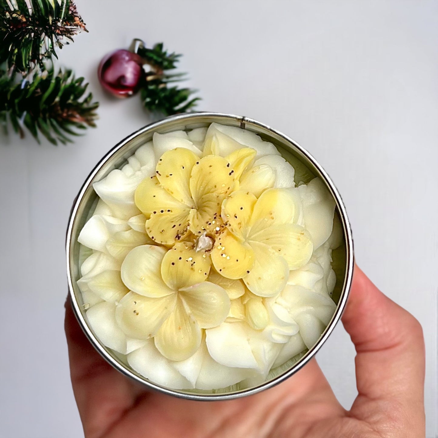 handmade whipped wax dessert candle with Snow Angel in Tin