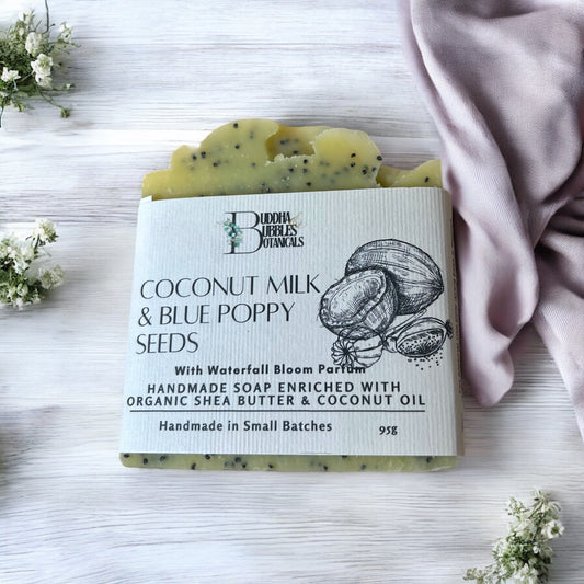 exfoliating soap bar with coconut milk and poppy seeds