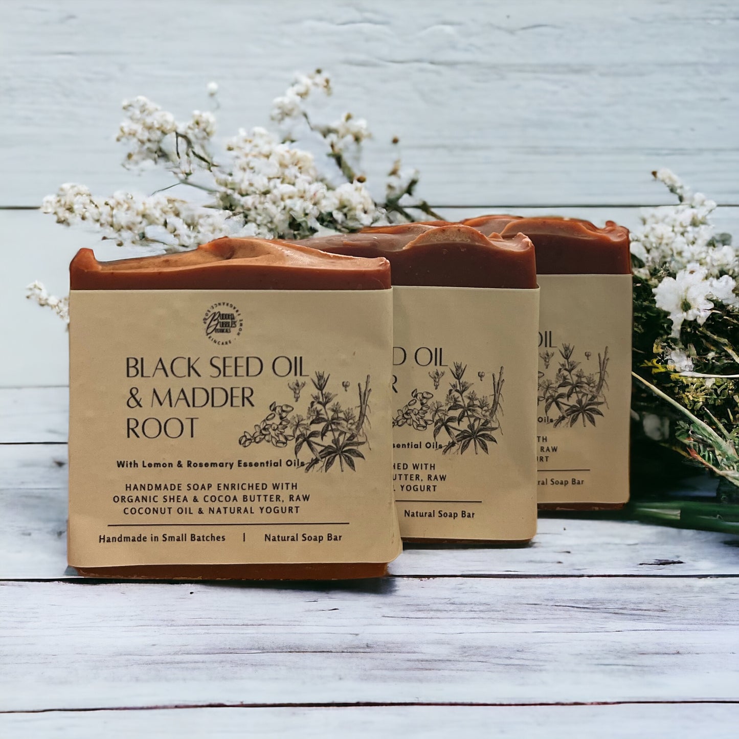 Natural Soap Bar coloured with Madder Root with Black Seed Oil and Lemon and Rosemary Essential Oils