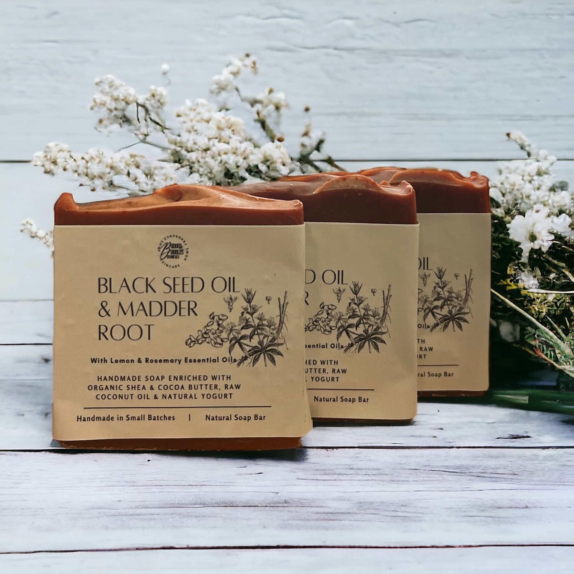 Natural Soap Bar coloured with Madder Root with Black Seed Oil and Lemon and Rosemary Essential Oils
