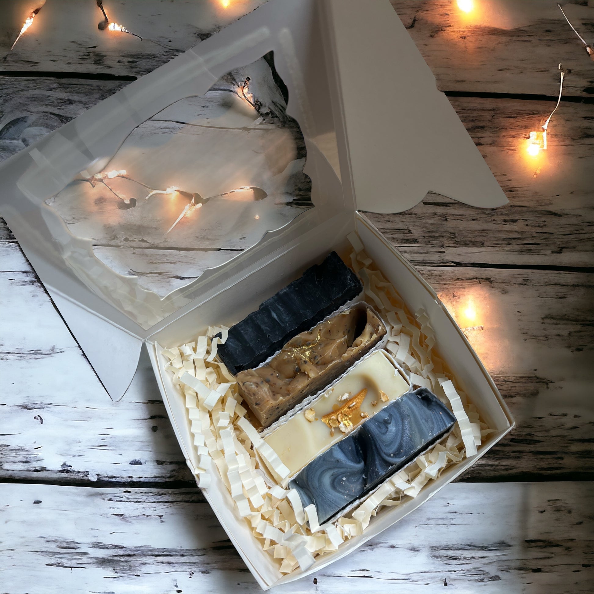 Box of four soaps with plantable packaging  with Seed Paper Zero Waste Gift made by Buddha and Bubbles Botanicals UK