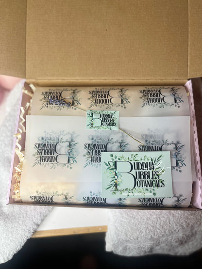 Buddha Bubbles Botanicals soap packaging with a cardboard box