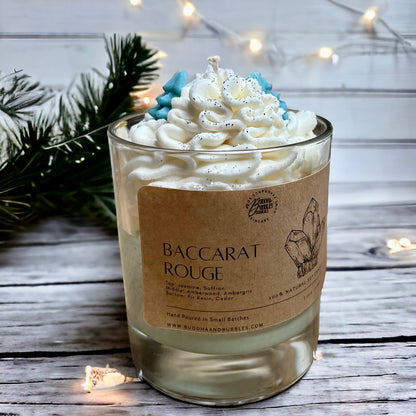 Baccarat perfume inspired luxury Xmas  candle topped with a decorative whipped wax swirl in a clear glass jar. Perfect for creating a festive atmosphere