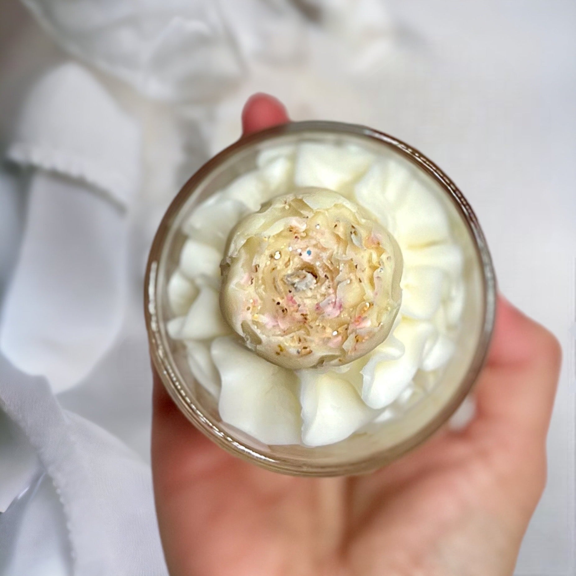 handmade whipped wax dessert csndle with Snow Angel and Peony