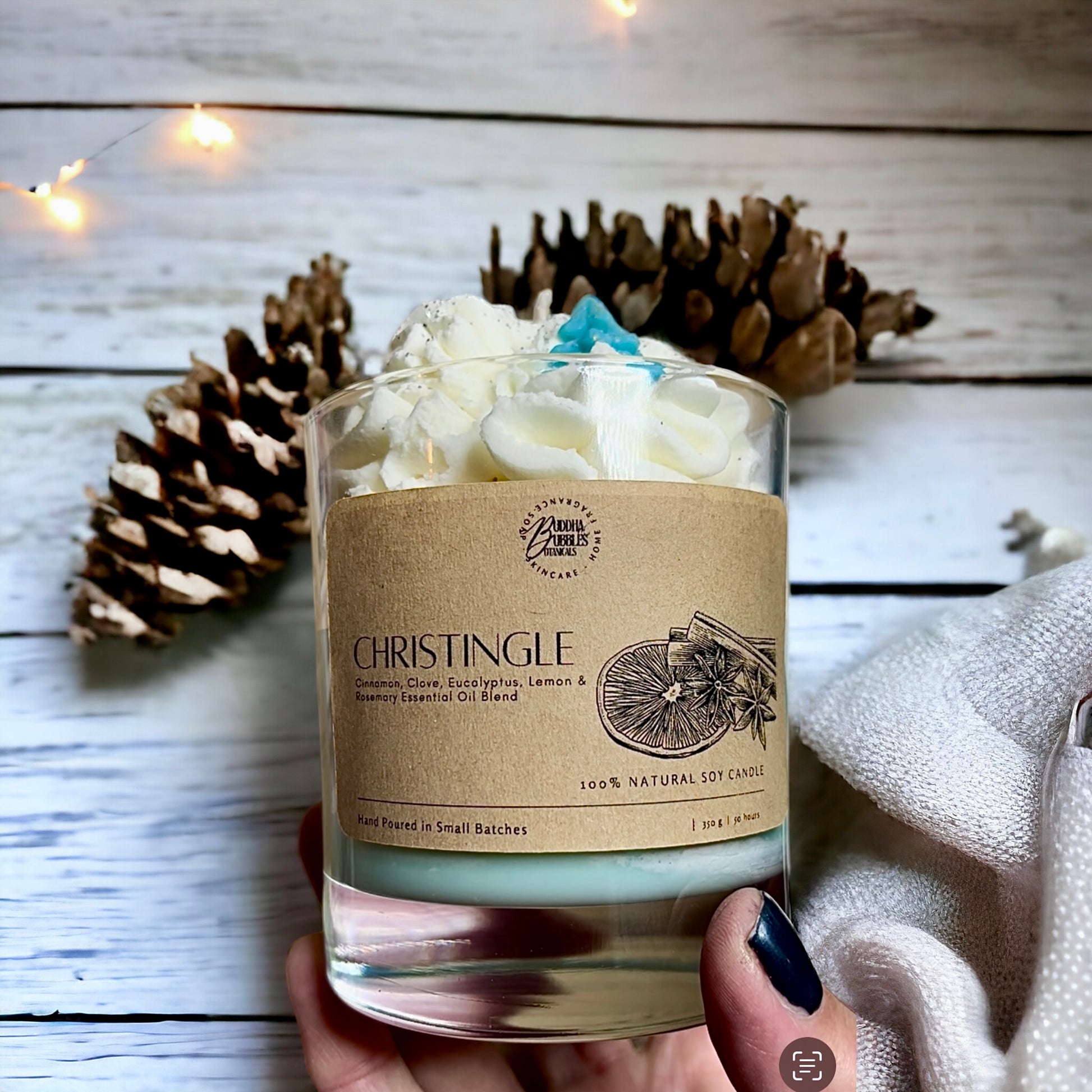 Bois Fumée whipped soy candle with cedarwood, cypress, clove, and nutmeg essential oils, luxury winter candle with festive whipped wax design, handcrafted eco-friendly candle for cosy ambiance.