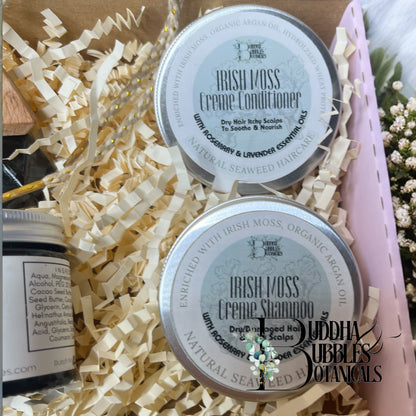 Irish Moss Creme Shampoo and Creme Conditioner with packaging in a branded gift box