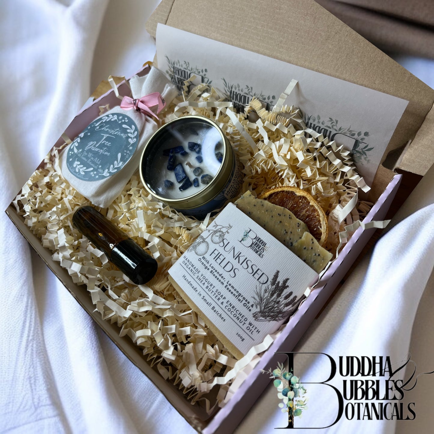 Christmas Pamper Gift Box | Artisan Soap, Intention Candle, Pulse Point Perfume & Wax Melt Tree