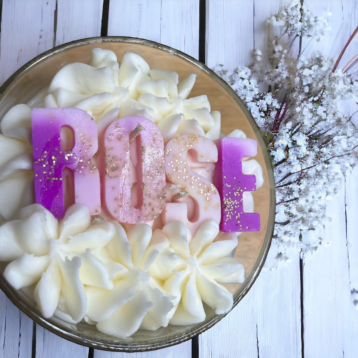 customised Luxury triple-wick candle featuring hand-piped whipped wax with choice of wax melt embeds