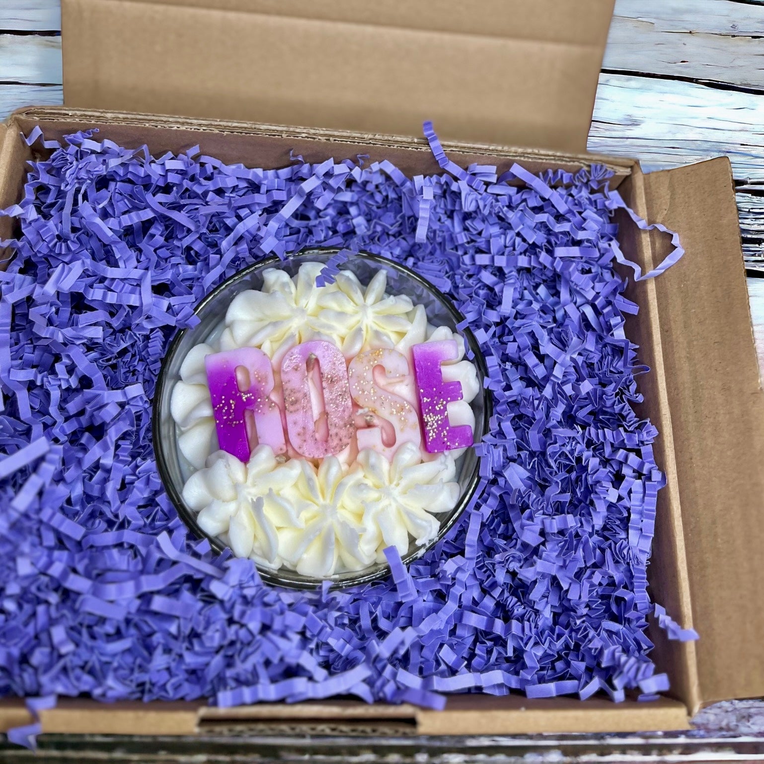 customised Luxury triple-wick candle featuring hand-piped whipped wax with choice of wax melt embeds in a box