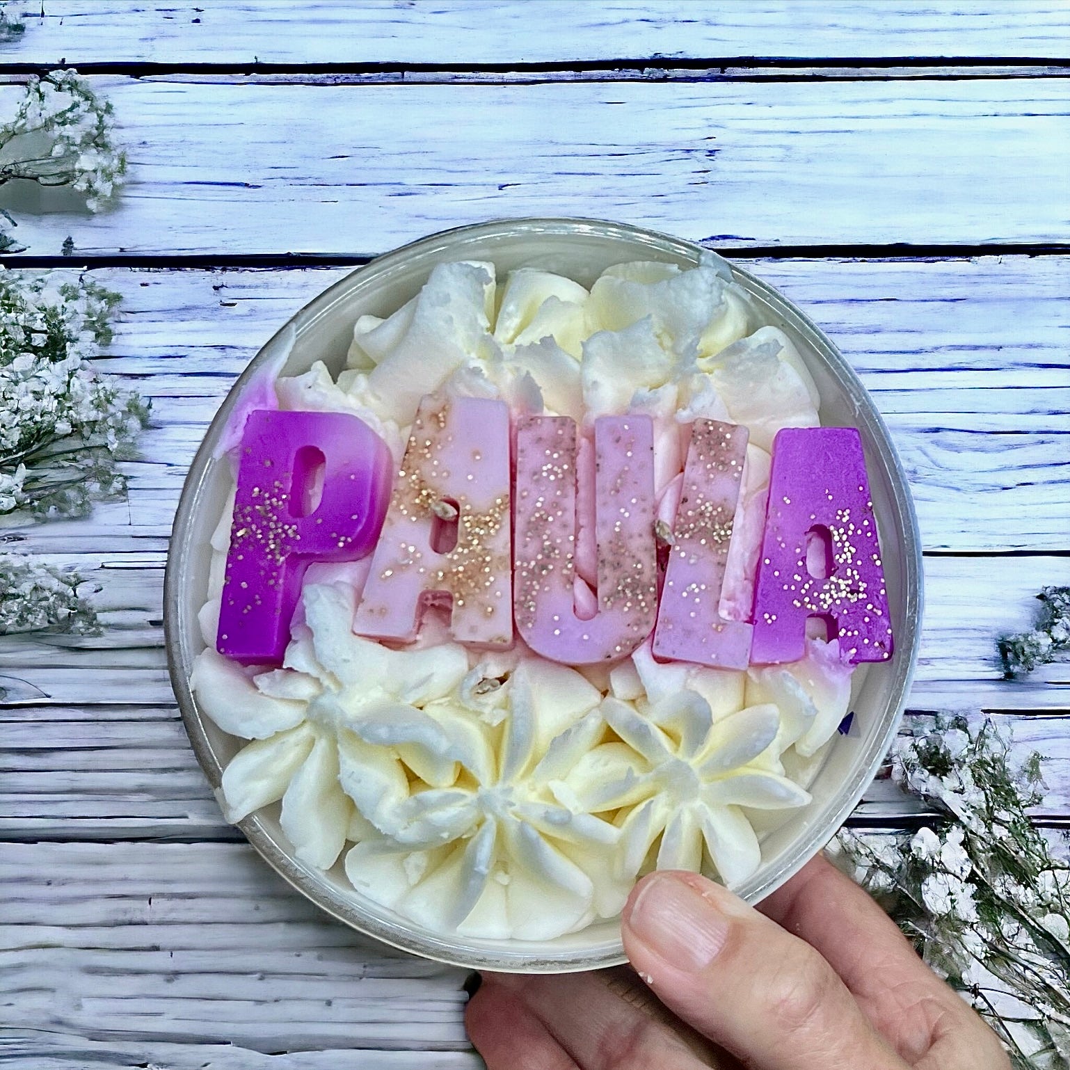 customised Luxury triple-wick candle featuring hand-piped whipped wax with choice of wax melt embeds