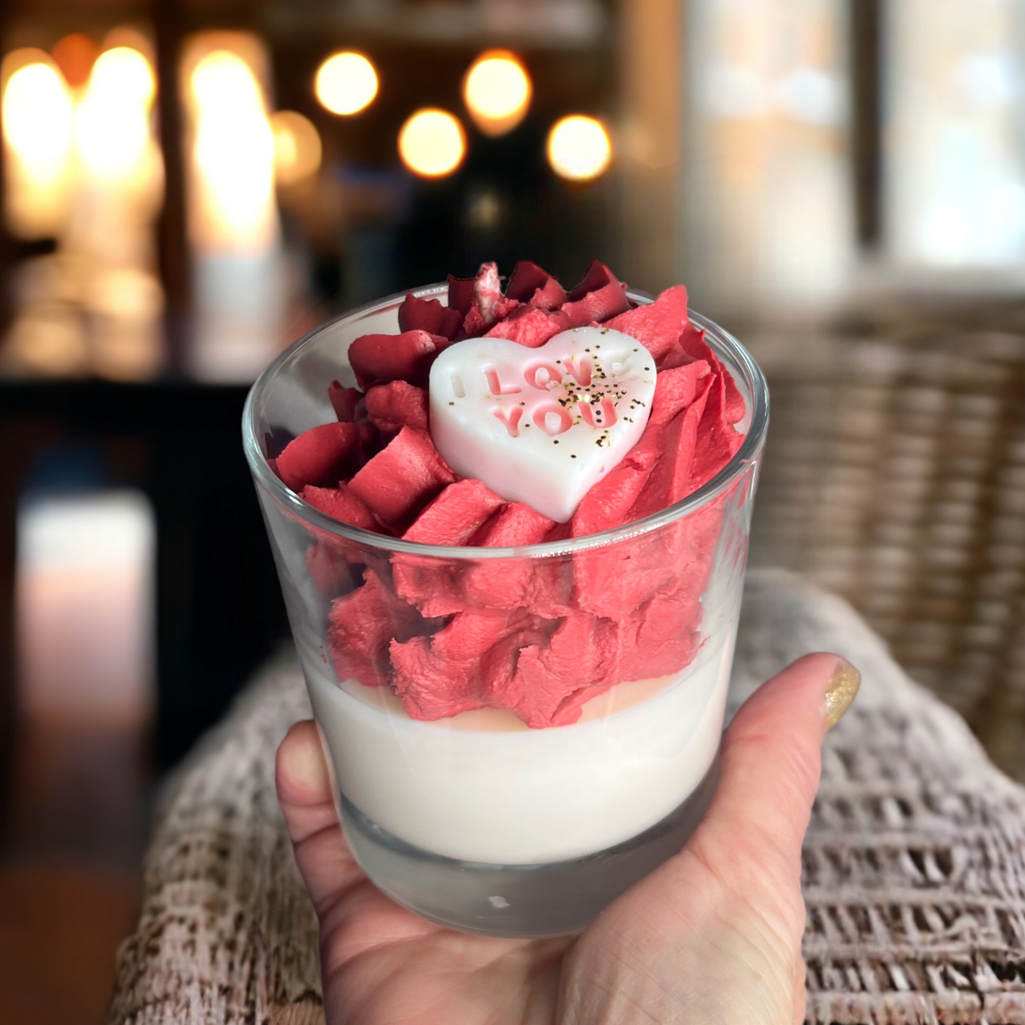 Valentines Candle Red and White with Whipped Wax and Love Heart Dark Opium 