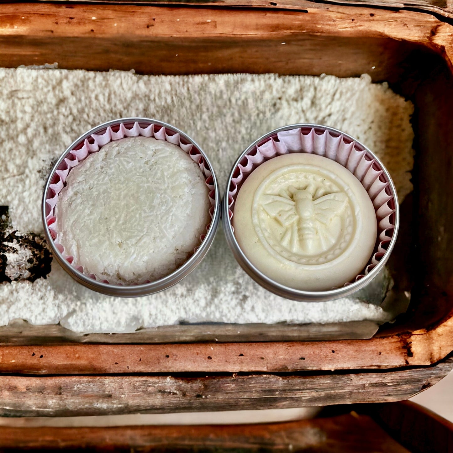 NAKED Solid shampoo and Conditioner bar - Buddha and Bubbles Botanicals in wooden tray