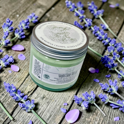 jumbo Jar of magnesium cream with lavender flowers on a wooden surface