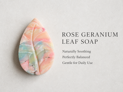 Rose Geranium Leaf Soap with text on a light gray background