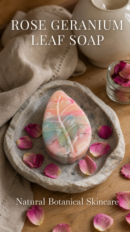 Rose Geranium Leaf Soap on a stone tray with rose petals and a jar of rose petals on a wooden surface.