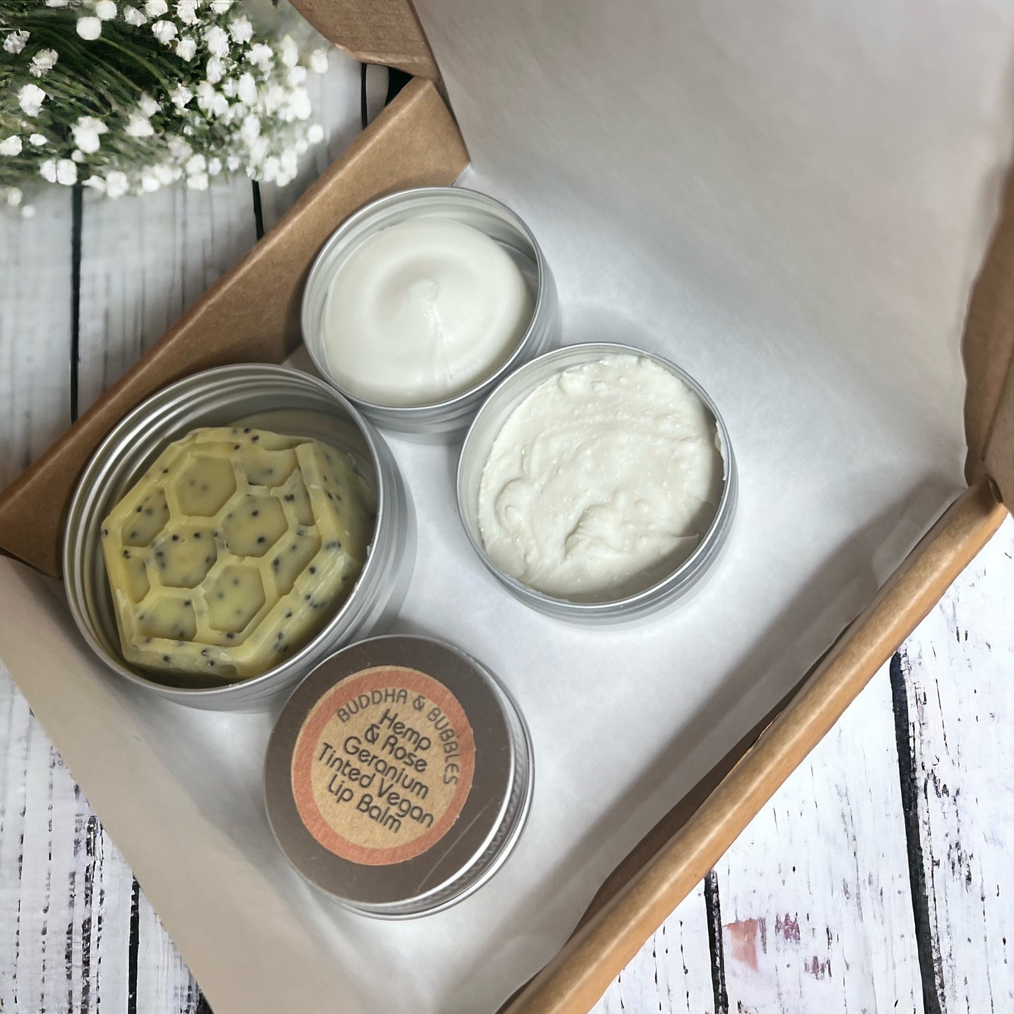 Skincare discovery box including soap, deodorant balm and Shea whip, Lip Balm in mini sizes 